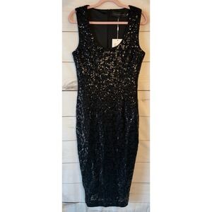 Endless Rose Black Lace Sequin Midi Dress Sleeveless Sheath HN2526D Womens L
